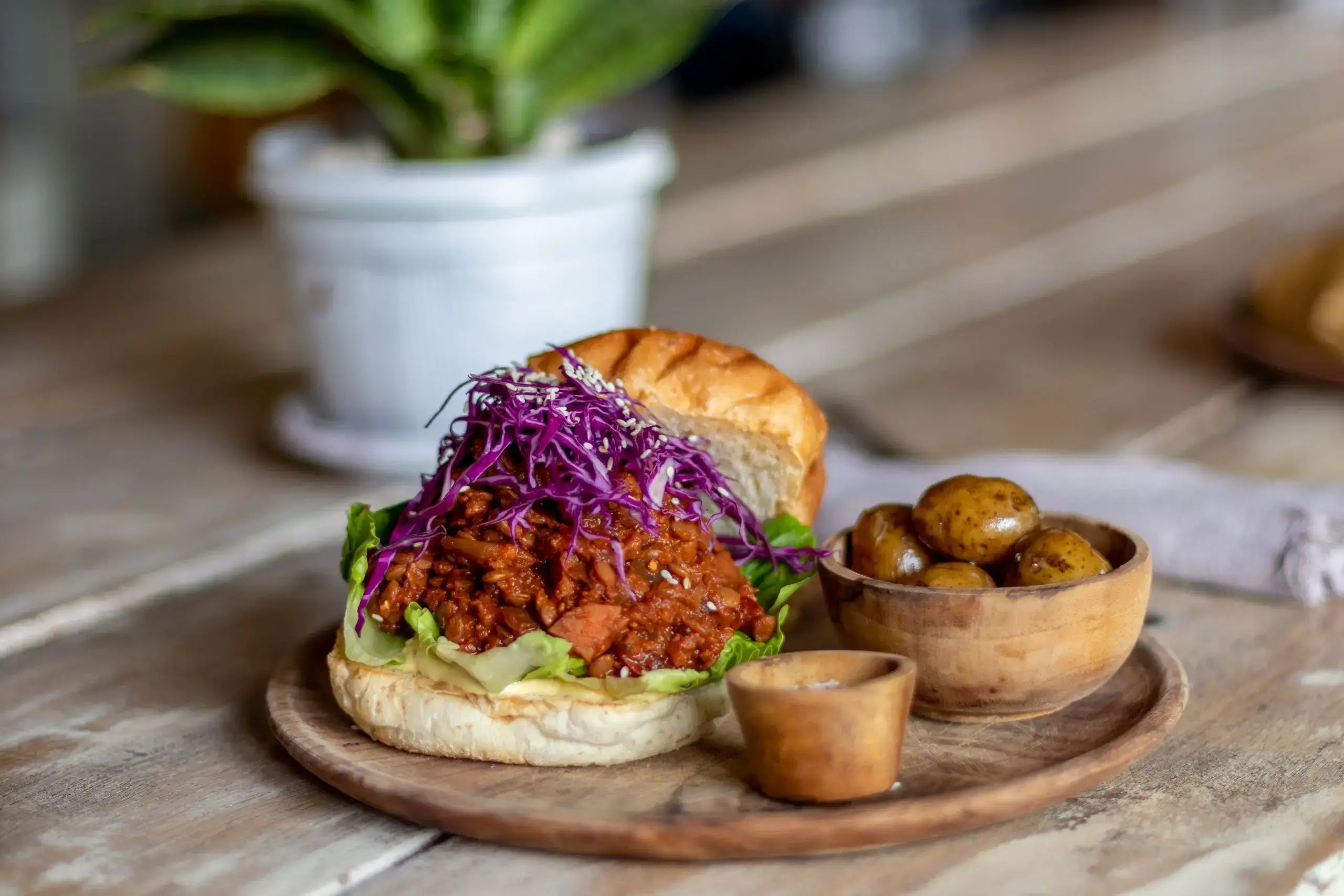 Vegan Sloppy Joe on wood table from Bali Vegan Guide and Book