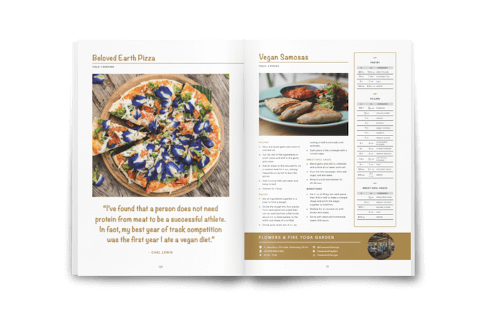 Inside Bali Vegan Book showing a pizza recipe and a vegan samosa recipe from Flowers and Fire.  Bali Vegan Guide. Easy vegan recipes.